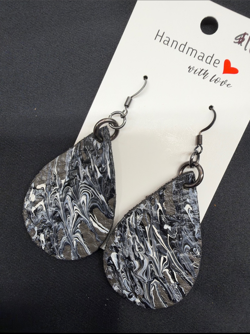 Handmade Black & White Swirl Leather Teardrop Earrings